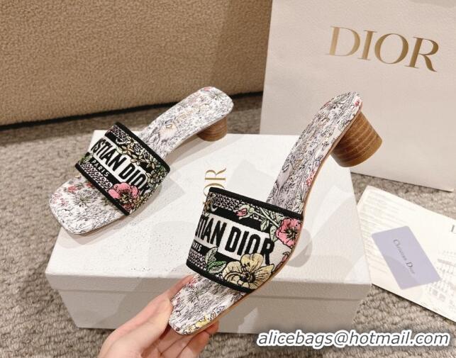 Best Grade Dior Dway Heel Slides Sandal 3.5cm in Embroidered Cotton and White Multicolor Millefiori Unicorn Motif 123100