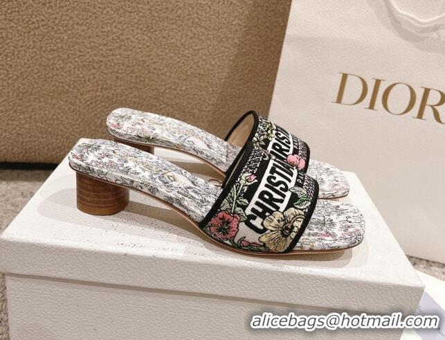 Best Grade Dior Dway Heel Slides Sandal 3.5cm in Embroidered Cotton and White Multicolor Millefiori Unicorn Motif 123100