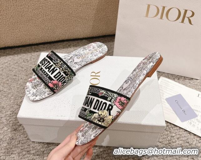 Best Product Dior Dway Flat Slides Sandal in Embroidered Cotton and White Multicolor Millefiori Unicorn Motif 1231006