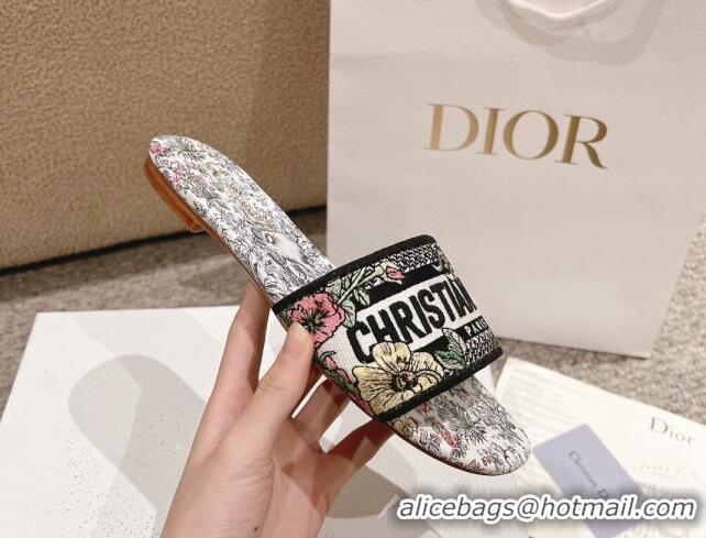 Best Product Dior Dway Flat Slides Sandal in Embroidered Cotton and White Multicolor Millefiori Unicorn Motif 1231006