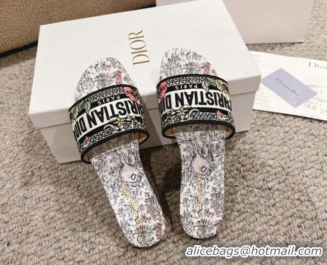 Best Product Dior Dway Flat Slides Sandal in Embroidered Cotton and White Multicolor Millefiori Unicorn Motif 1231006