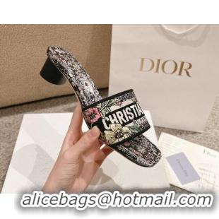 Top Design Dior Dway Heel Slides Sandal 3.5cm in Embroidered Cotton and Black Multicolor Millefiori Unicorn Motif 123100