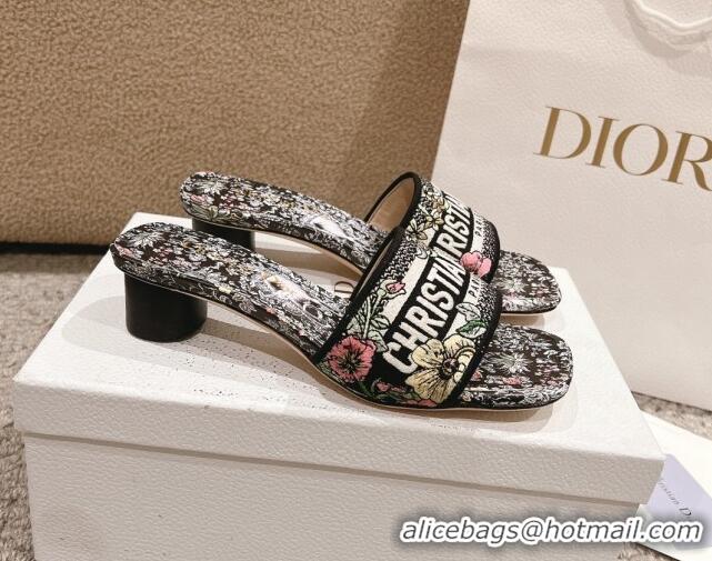 Top Design Dior Dway Heel Slides Sandal 3.5cm in Embroidered Cotton and Black Multicolor Millefiori Unicorn Motif 123100