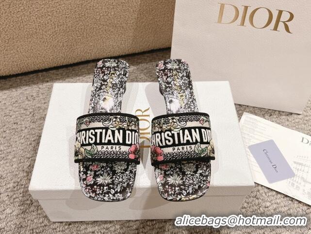 Top Design Dior Dway Heel Slides Sandal 3.5cm in Embroidered Cotton and Black Multicolor Millefiori Unicorn Motif 123100