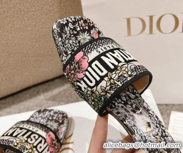 Top Design Dior Dway Heel Slides Sandal 3.5cm in Embroidered Cotton and Black Multicolor Millefiori Unicorn Motif 123100