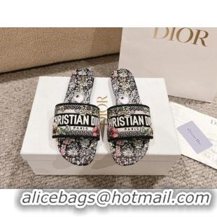 Shop Cheap Dior Dway Flat Slides Sandal in Embroidered Cotton and Black Multicolor Millefiori Unicorn Motif 1231008