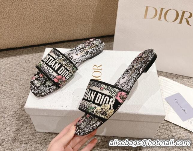 Shop Cheap Dior Dway Flat Slides Sandal in Embroidered Cotton and Black Multicolor Millefiori Unicorn Motif 1231008