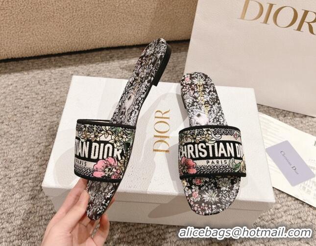 Shop Cheap Dior Dway Flat Slides Sandal in Embroidered Cotton and Black Multicolor Millefiori Unicorn Motif 1231008