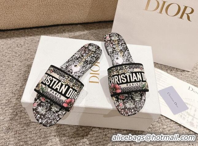 Shop Cheap Dior Dway Flat Slides Sandal in Embroidered Cotton and Black Multicolor Millefiori Unicorn Motif 1231008