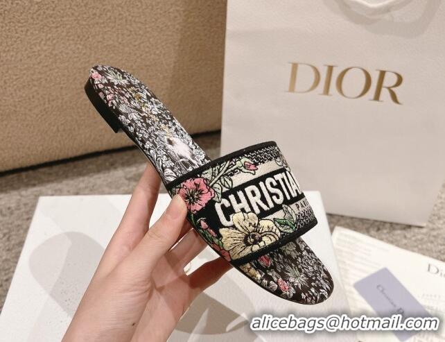 Shop Cheap Dior Dway Flat Slides Sandal in Embroidered Cotton and Black Multicolor Millefiori Unicorn Motif 1231008