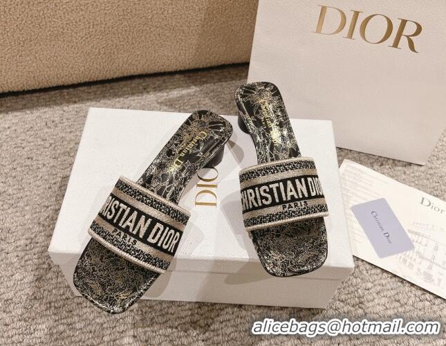 Purchase Dior Dway Heel Slides Sandal 3.5cm in Cotton Embroidered with Metallic Thread and Black and Gold-Tone Dior Char