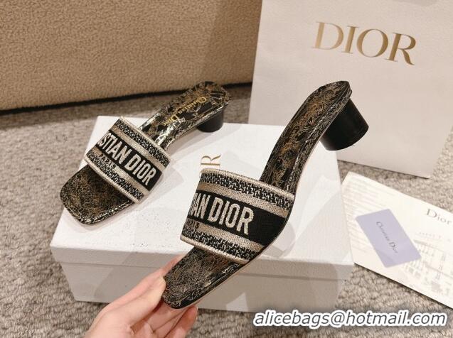 Purchase Dior Dway Heel Slides Sandal 3.5cm in Cotton Embroidered with Metallic Thread and Black and Gold-Tone Dior Char