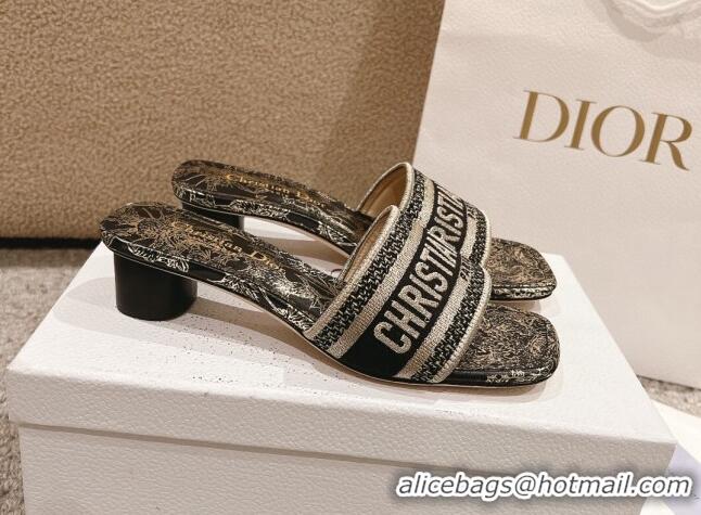 Purchase Dior Dway Heel Slides Sandal 3.5cm in Cotton Embroidered with Metallic Thread and Black and Gold-Tone Dior Char