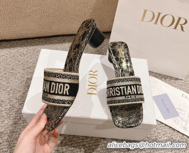 Purchase Dior Dway Heel Slides Sandal 3.5cm in Cotton Embroidered with Metallic Thread and Black and Gold-Tone Dior Char