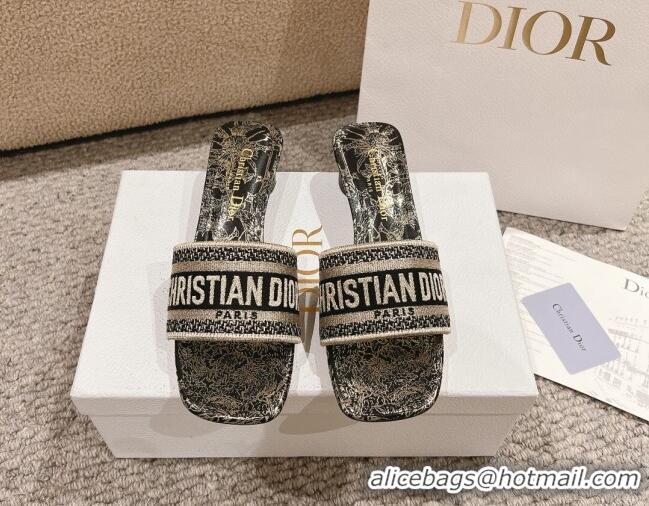 Purchase Dior Dway Heel Slides Sandal 3.5cm in Cotton Embroidered with Metallic Thread and Black and Gold-Tone Dior Char