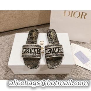 Top Grade Dior Dway Flat Slides Sandal in Cotton Embroidered with Metallic Thread and Black and Gold-Tone Dior Chardons 