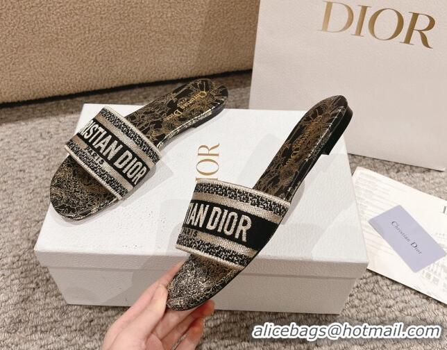 Top Grade Dior Dway Flat Slides Sandal in Cotton Embroidered with Metallic Thread and Black and Gold-Tone Dior Chardons 