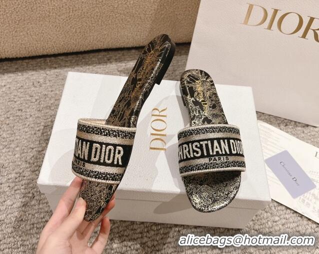 Top Grade Dior Dway Flat Slides Sandal in Cotton Embroidered with Metallic Thread and Black and Gold-Tone Dior Chardons 