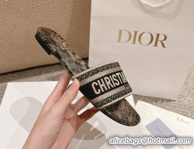 Top Grade Dior Dway Flat Slides Sandal in Cotton Embroidered with Metallic Thread and Black and Gold-Tone Dior Chardons 