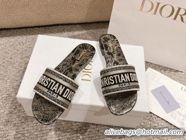 Top Grade Dior Dway Flat Slides Sandal in Cotton Embroidered with Metallic Thread and Black and Gold-Tone Dior Chardons 