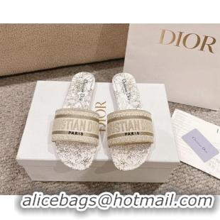 Pretty Style Dior Dway Flat Slides Sandal in Cotton Embroidered with Metallic Thread and White and Gold-Tone Dior Chardo