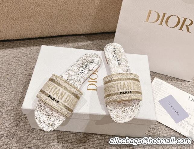 Pretty Style Dior Dway Flat Slides Sandal in Cotton Embroidered with Metallic Thread and White and Gold-Tone Dior Chardo