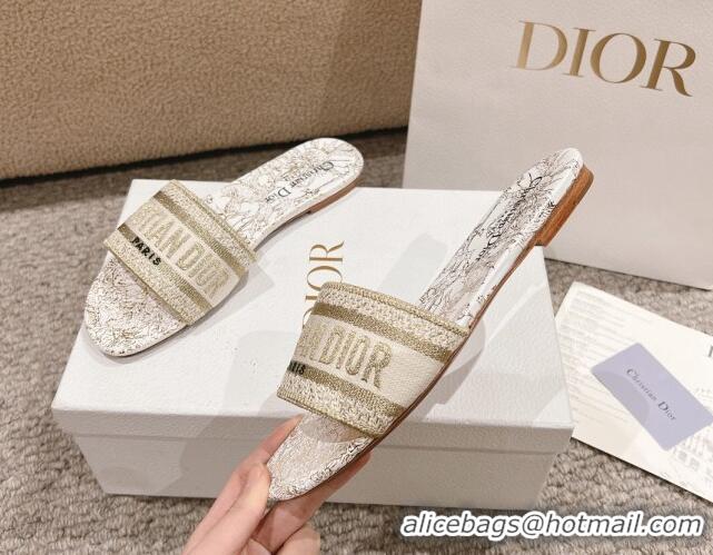 Pretty Style Dior Dway Flat Slides Sandal in Cotton Embroidered with Metallic Thread and White and Gold-Tone Dior Chardo