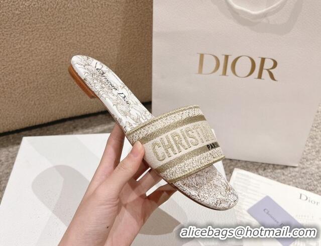 Pretty Style Dior Dway Flat Slides Sandal in Cotton Embroidered with Metallic Thread and White and Gold-Tone Dior Chardo