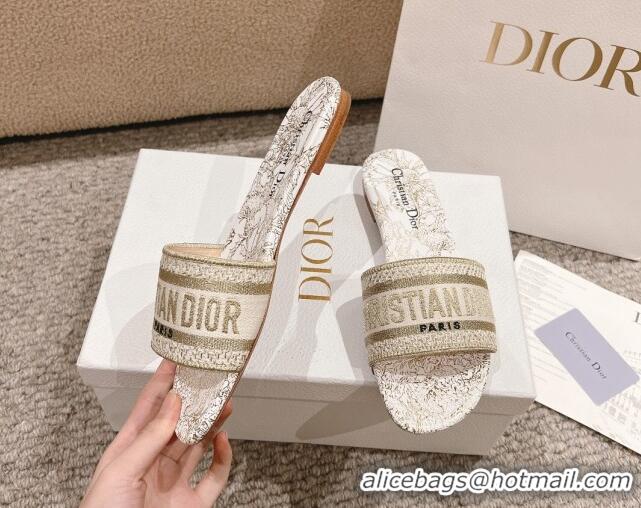 Pretty Style Dior Dway Flat Slides Sandal in Cotton Embroidered with Metallic Thread and White and Gold-Tone Dior Chardo