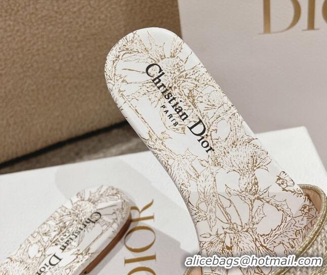 Pretty Style Dior Dway Flat Slides Sandal in Cotton Embroidered with Metallic Thread and White and Gold-Tone Dior Chardo