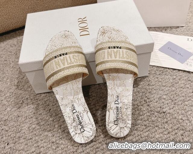 Pretty Style Dior Dway Flat Slides Sandal in Cotton Embroidered with Metallic Thread and White and Gold-Tone Dior Chardo