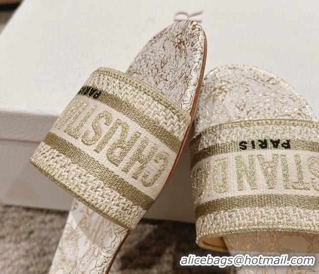 Pretty Style Dior Dway Flat Slides Sandal in Cotton Embroidered with Metallic Thread and White and Gold-Tone Dior Chardo