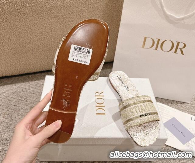 Pretty Style Dior Dway Flat Slides Sandal in Cotton Embroidered with Metallic Thread and White and Gold-Tone Dior Chardo