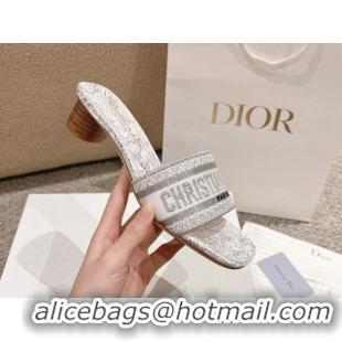 Good Quality Dior Dway Heel Slides Sandal 3.5cm in Cotton Embroidered with Metallic Thread and White and Silver-Tone Dio