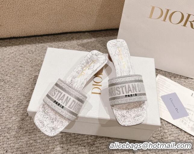 Good Quality Dior Dway Heel Slides Sandal 3.5cm in Cotton Embroidered with Metallic Thread and White and Silver-Tone Dio