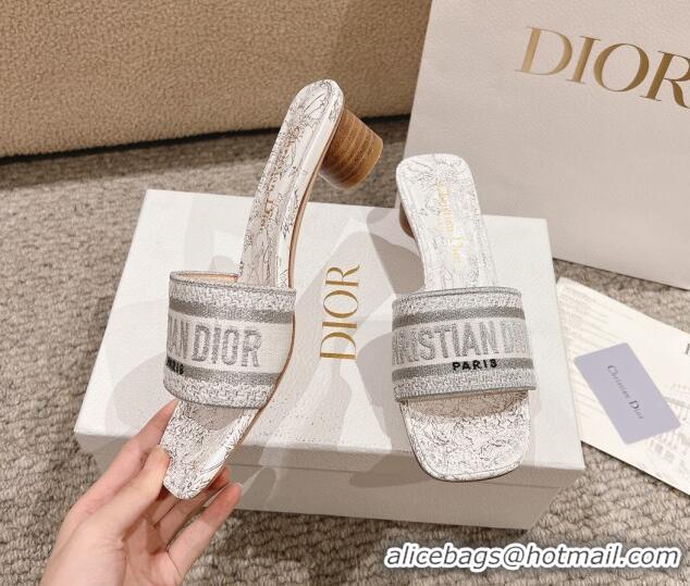 Good Quality Dior Dway Heel Slides Sandal 3.5cm in Cotton Embroidered with Metallic Thread and White and Silver-Tone Dio