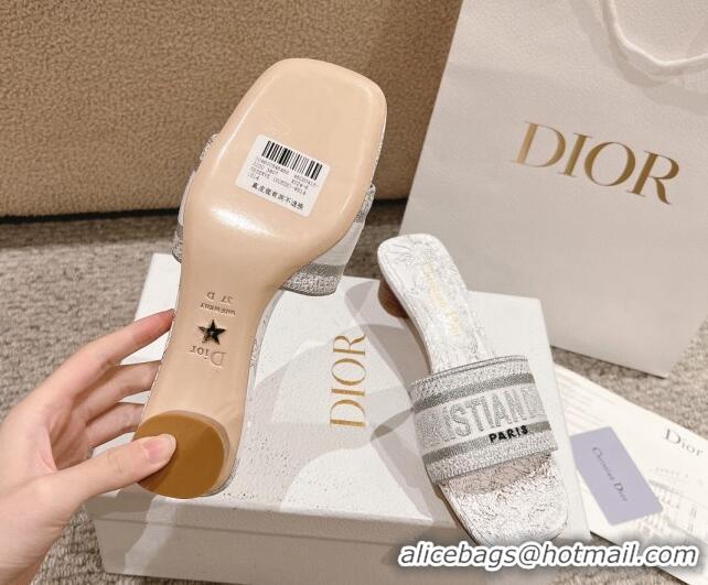 Good Quality Dior Dway Heel Slides Sandal 3.5cm in Cotton Embroidered with Metallic Thread and White and Silver-Tone Dio