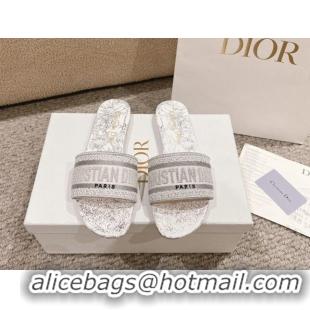 Unique Style Dior Dway Flat Slides Sandal in Cotton Embroidered with Metallic Thread and White and Silver-Tone Dior Char