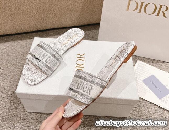 Unique Style Dior Dway Flat Slides Sandal in Cotton Embroidered with Metallic Thread and White and Silver-Tone Dior Char