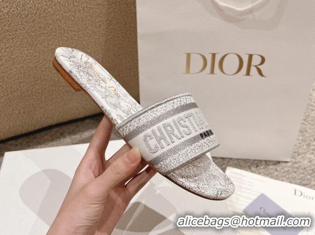 Unique Style Dior Dway Flat Slides Sandal in Cotton Embroidered with Metallic Thread and White and Silver-Tone Dior Char