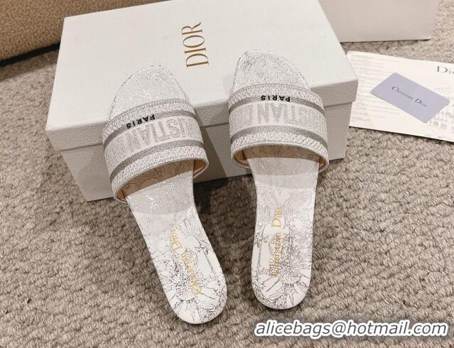 Unique Style Dior Dway Flat Slides Sandal in Cotton Embroidered with Metallic Thread and White and Silver-Tone Dior Char