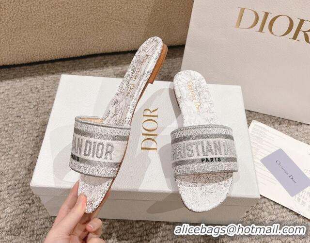 Unique Style Dior Dway Flat Slides Sandal in Cotton Embroidered with Metallic Thread and White and Silver-Tone Dior Char