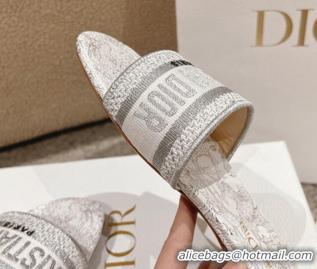 Unique Style Dior Dway Flat Slides Sandal in Cotton Embroidered with Metallic Thread and White and Silver-Tone Dior Char