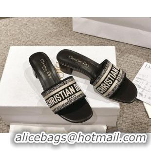 Grade Quality Dior Dway Heel Slides Sandal 4.5cm in Classic Embroidered Cotton Black 1231015