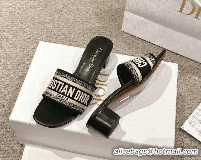 Grade Quality Dior Dway Heel Slides Sandal 4.5cm in Classic Embroidered Cotton Black 1231015