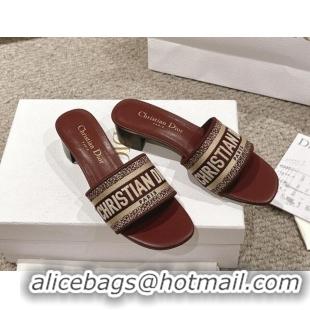 Top Grade Dior Dway Heel Slides Sandal 4.5cm in Classic Embroidered Cotton Burgundy 1231017