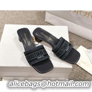 Shop Duplicate Dior Dway Heel Slides Sandal 3.5cm in Classic Embroidered Denim Dark Blue 1231018