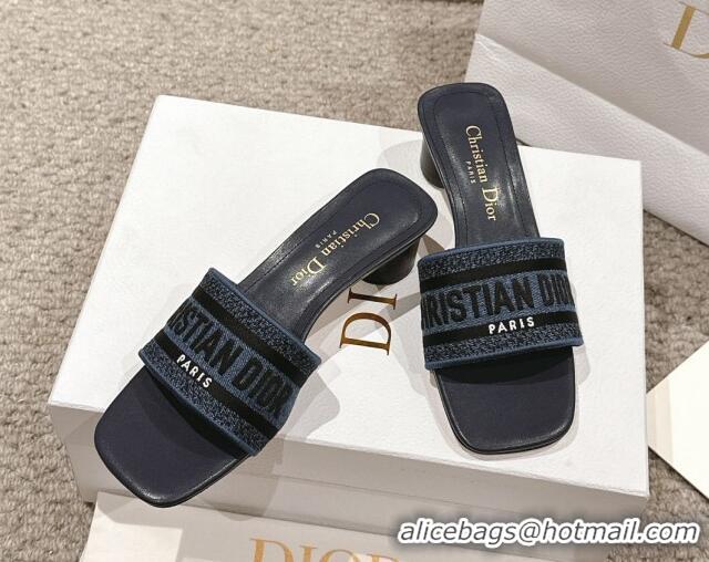 Shop Duplicate Dior Dway Heel Slides Sandal 3.5cm in Classic Embroidered Denim Dark Blue 1231018