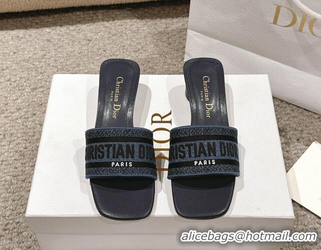 Shop Duplicate Dior Dway Heel Slides Sandal 3.5cm in Classic Embroidered Denim Dark Blue 1231018