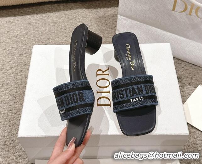 Shop Duplicate Dior Dway Heel Slides Sandal 3.5cm in Classic Embroidered Denim Dark Blue 1231018